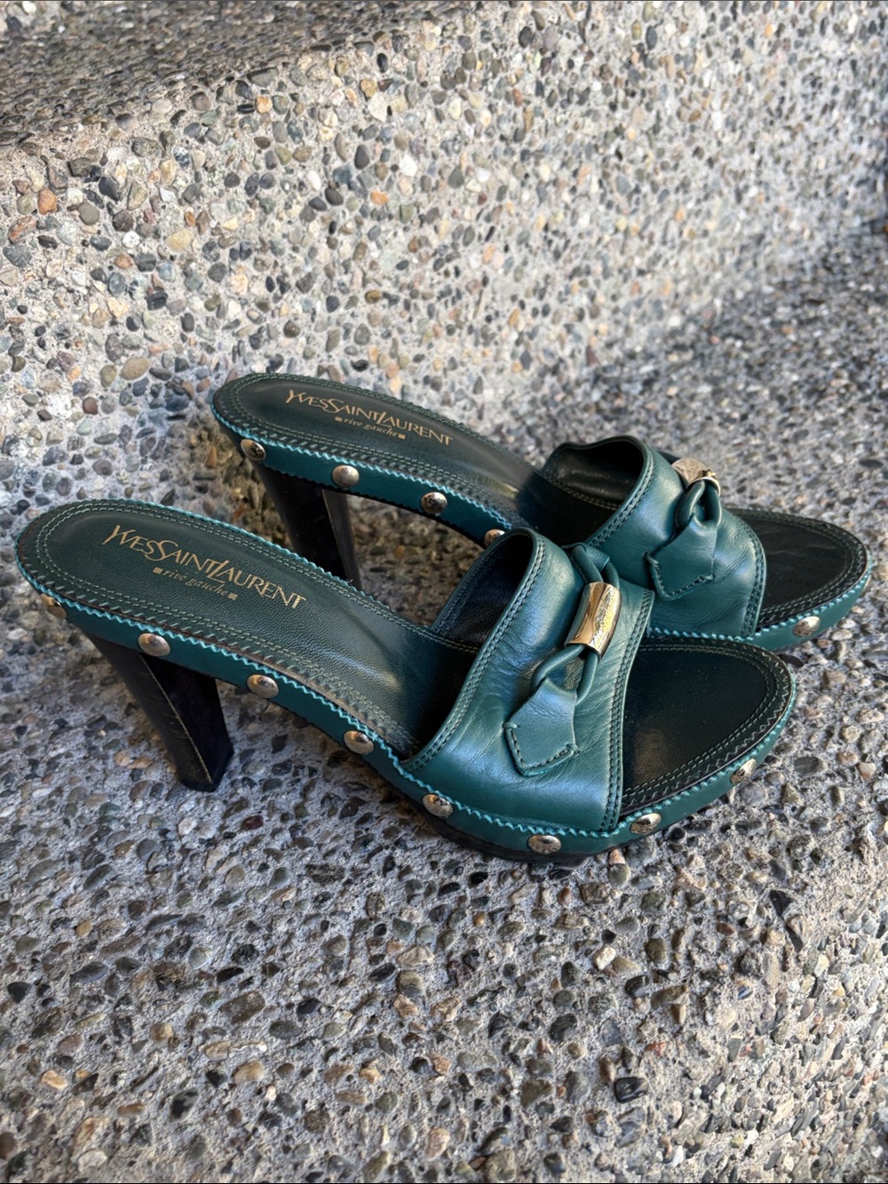 Vintage Yves Saint Laurent Teal Leather Studded Mule Sandals